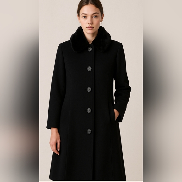 Larry Levine Wool coat size 12 Black with Fur Trim Collar - Picture 1 of 15